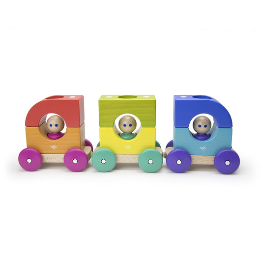 three magnetic 'cars' and three Tegu characters. Each car contains 3 magnetically inter-changeable parts