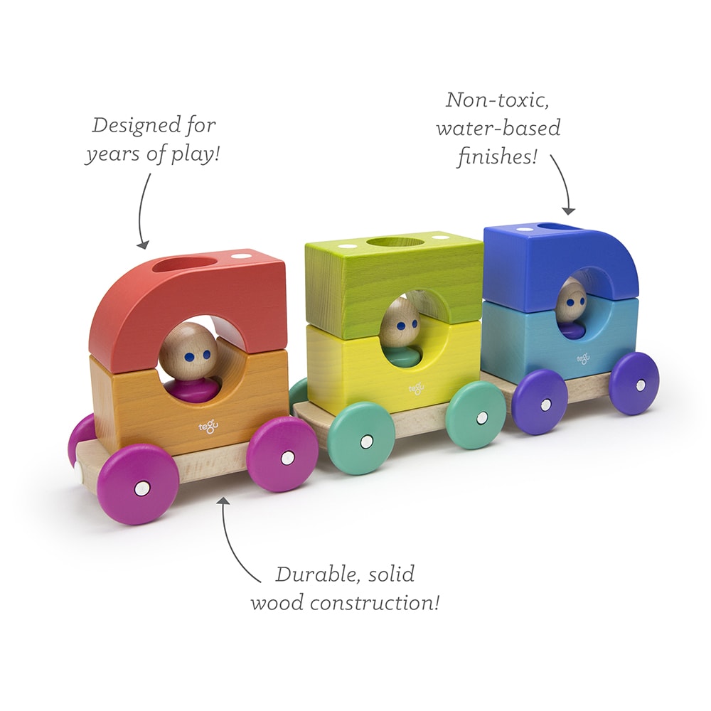 Three magnetic Tegu train cars. Above the first car are the words "Designed for years of play", below the first car are the words"Durable, solid wood construction!", and above the third are the words "Non-toxic, water-based finishes!"